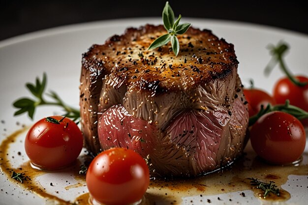 Filet mignon with a crispy Parmesan crust and roasted cherry tomatoes