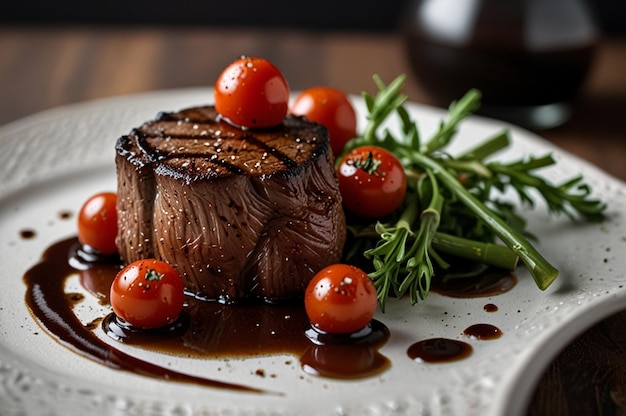 Filet mignon with a side of roasted vegetables and a balsamic glaze