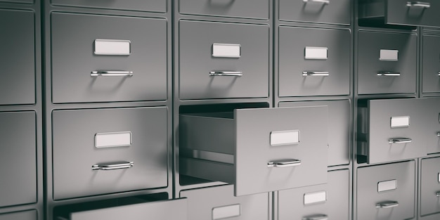 Filing cabinets and open drawers 3d illustration