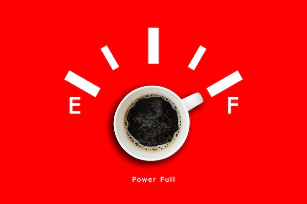 Fill yourself with energy concept Oil face with a cup of coffee in the middle with the words Power Full