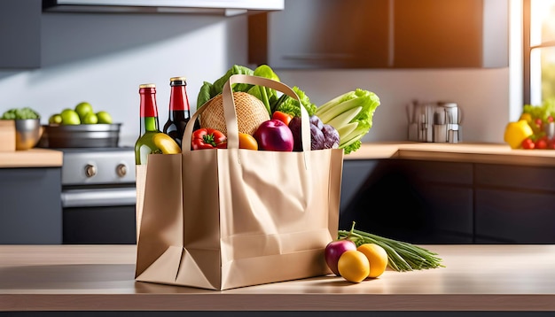 Filled package of goods with copy space Internet concept of grocery shopping and home delivery with