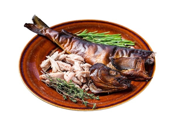 Fillet of Hot smoked fish perch in a rustic plate with thyme Isolated on white background