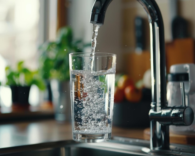 Filling glass with fresh clean drinking water from kitchen faucet for healthy living