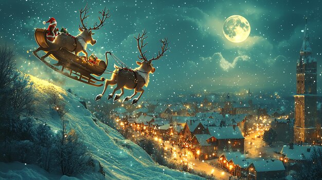 Photo film character flying in the sky with reindeer