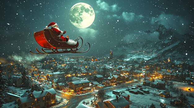 Photo film character flying in a sleigh with a full moon in the background