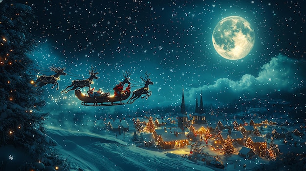 film character flying in a sleigh with reindeer on the background of a full moon