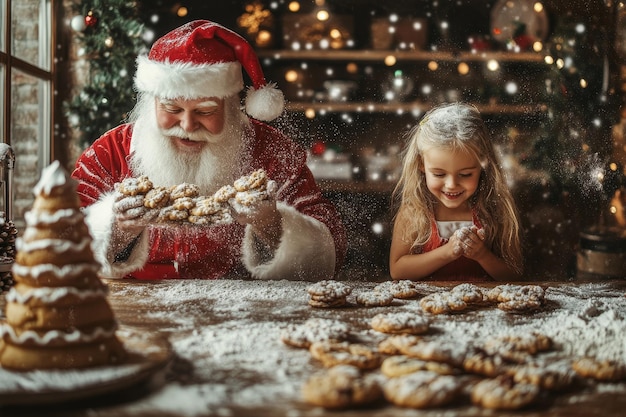 film character and a girl with a christmas cookie in front of a christmas tree