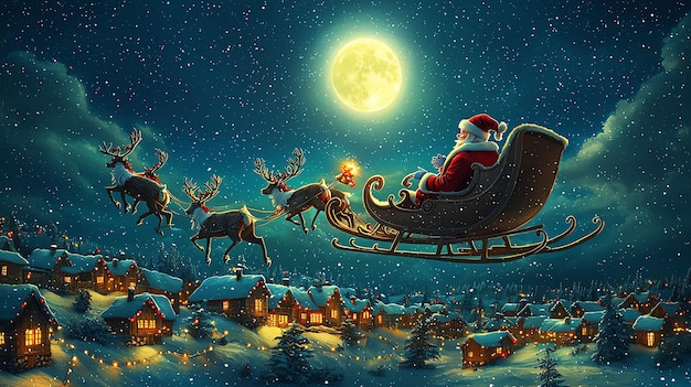 film character riding a sleigh with reindeer on the background