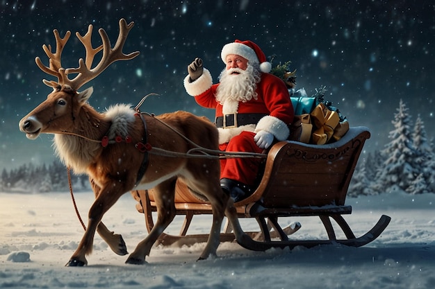 film character riding a sleigh with a reindeer in the snow