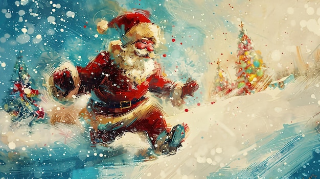 Photo film character running in the snow with a christmas tree in the background