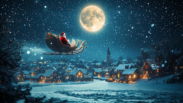 film character in a sleigh with a christmas tree in the background