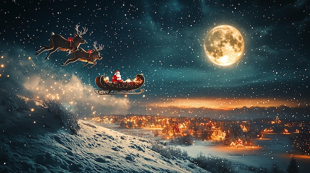 Photo film character on a sleigh with a reindeer on the background of a winter night sky