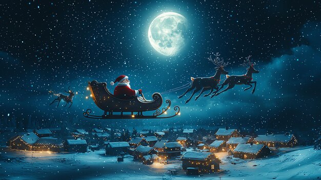 film character in a sleigh with reindeer and a full moon in the background