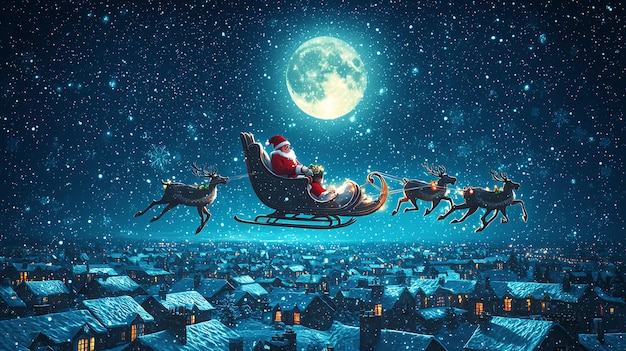 film character in a sleigh with reindeer and the moon in the background