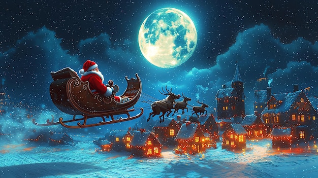 film character in a sleigh with reindeer and sleigh with reindeer in front of a full moon