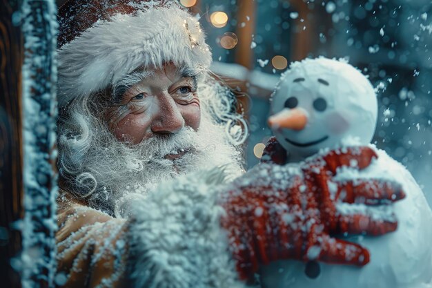 Photo film character with snowman at window detailed hands