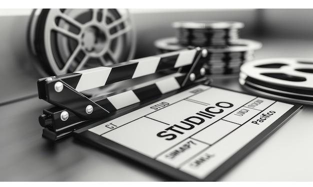 Photo film clapperboard with reels in the background