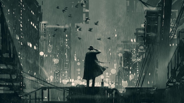 film noir concept showing the detective holding a gun to his head and standing on roof top at rainy night, digital art style, illustration painting