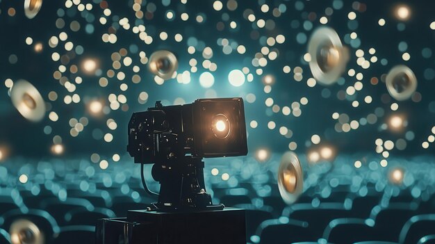 Photo film projector in a dark theater with bokeh lights