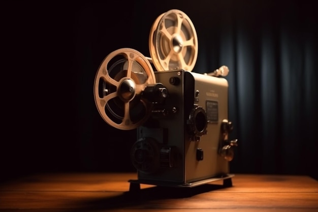 film projector on a wooden background with dramatic lighting and selective focus