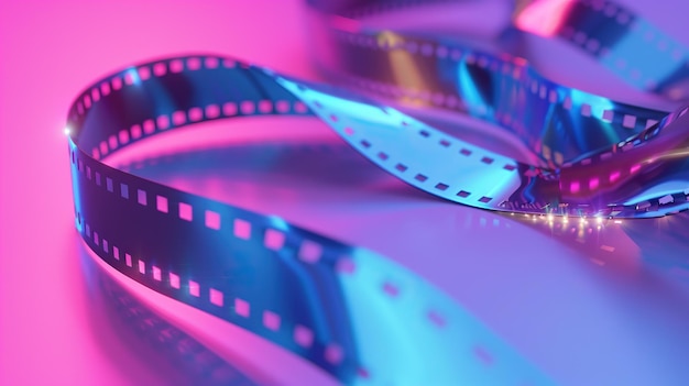 Photo a film reel glows with neon lights on a reflective surface