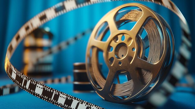 Film reel resting on table with film strip winding around it