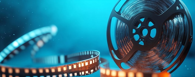 Film reel rotating with film strip on blue background