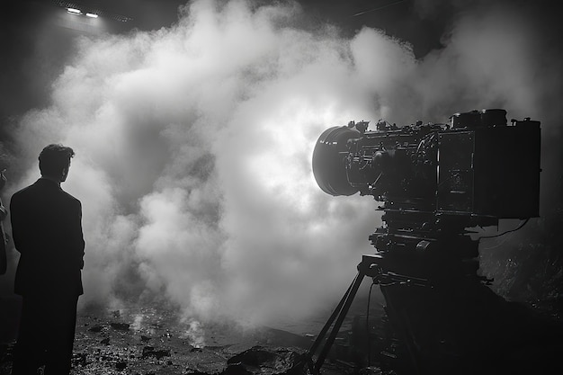 Photo a filmmaker observing smoke effects during a night shoot in a dark urban environment