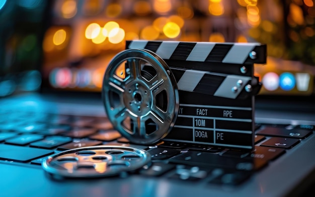 Photo filmmaking equipment on a laptop keyboard