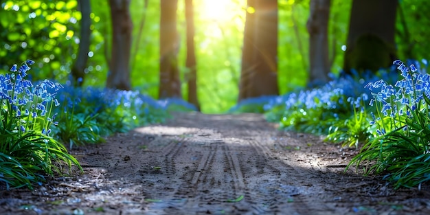 Filtered sunlight illuminates a dirt path lined with bluebells Concept Nature Outdoor Photography Flowers Lighting Landscape