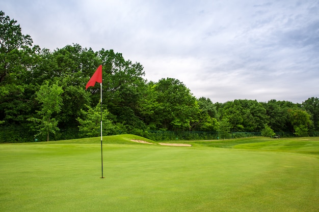 Final hole with flag, lawn on golf course