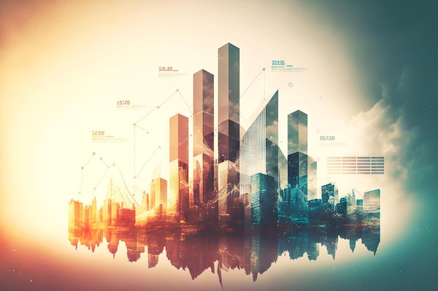 Finance and business economic double exposure background