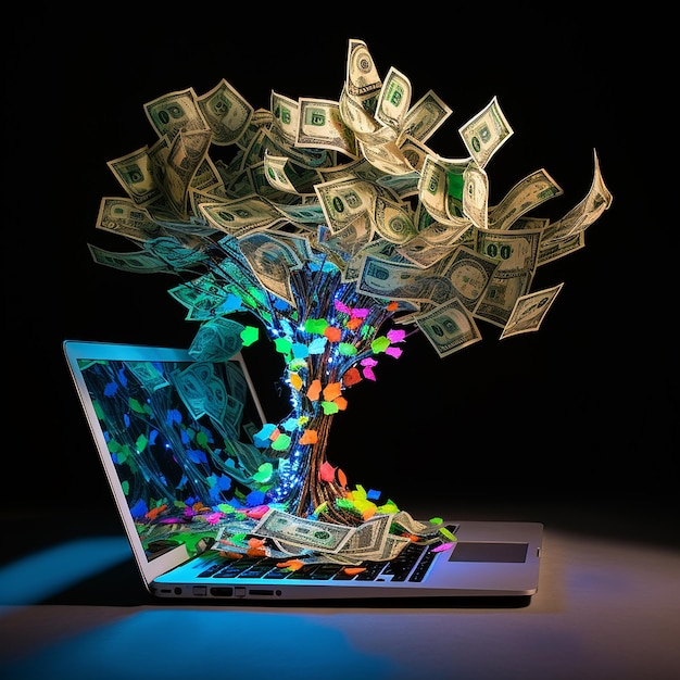 Finance growth concept showing laptop create a money tree