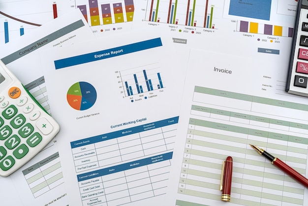 Financial accounting annual or sales report with calculator and pen