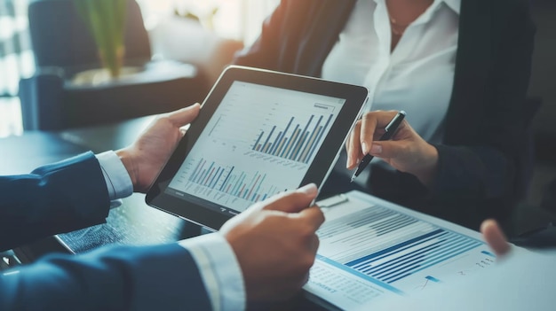 A financial advisor discussing investment options with a client pointing to charts and graphs on a tablet in a modern office