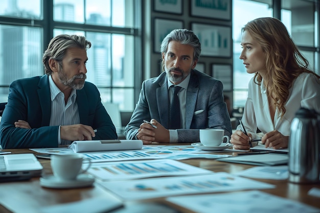 Photo financial advisor meeting discussing investments with clients table with charts graphs and financial documents professional attire modern office with large windows cityscape in the background