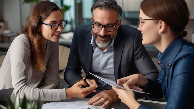 A financial advisor meeting with clients in an office discussing finances mortgages and investing