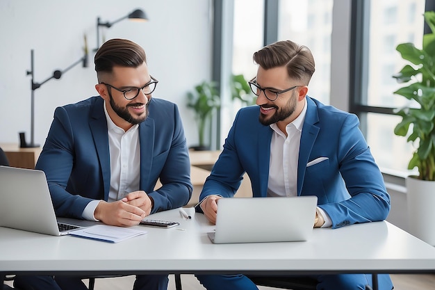 Photo financial advisor professional bank manager consulting business man working on laptop in office two busy happy businessmen partners talking discussing investment b2b project at office meeting