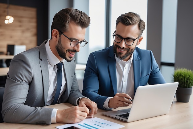 Photo financial advisor professional bank manager consulting business man working on laptop in office two busy happy businessmen partners talking discussing investment b2b project at office meeting