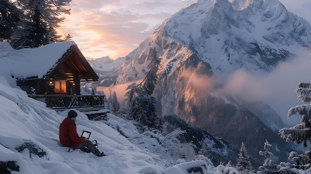 Financial Advisor Working Remotely from Snowy Mountain Cabin