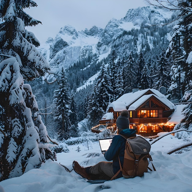 Financial Advisor Works Remotely from Cozy Mountain Cabin During Snowy Retreat