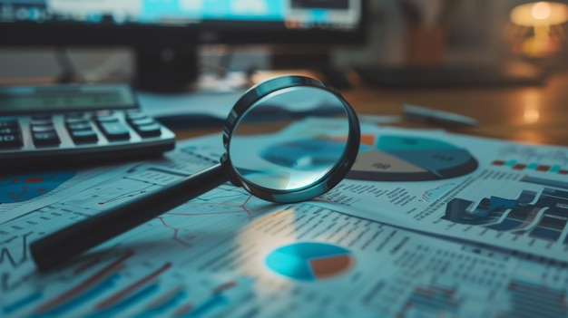 Photo financial analysis tools including a magnifying glass focusing on a pie chart a calculator graphs and printed financial statements arranged on a blue background