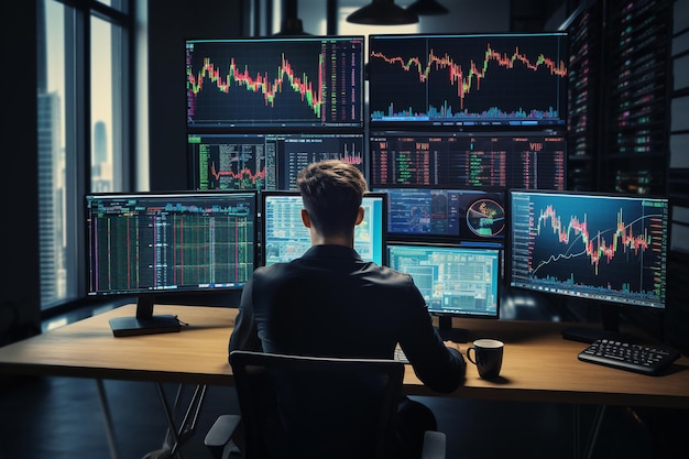 A financial analyst studying cryptocurrency market trends on multiple screens