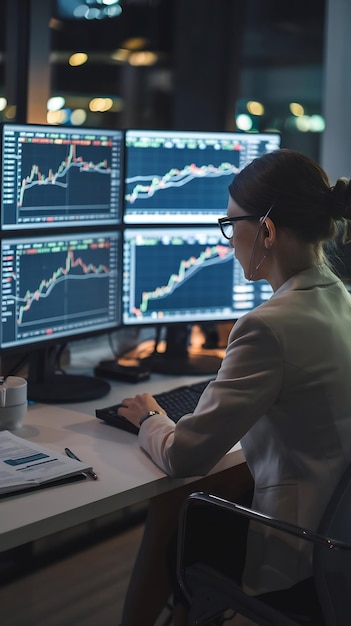 Financial Analyst Working on a Computer with Multi Monitor Workstation with Real Time Stocks Commo