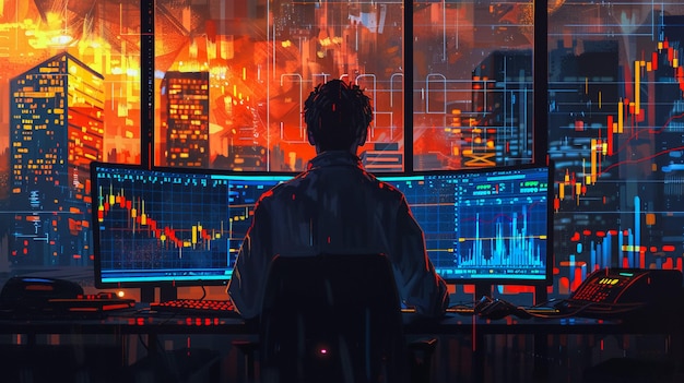 Financial Analyst Working on Computer with MultiMonitor Workstation with RealTime Stocks Commodities and Exchange Market Charts Businessman Deliberating on Next Investment Trade in a Bank Office