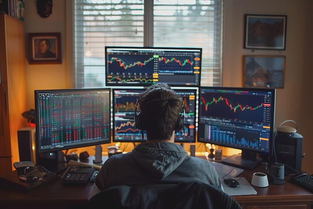 A financial analyst working on a computer with realtime stocks and exchange market charts