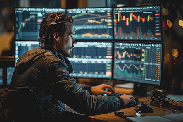 A financial analyst working on a computer with realtime stocks and exchange market charts