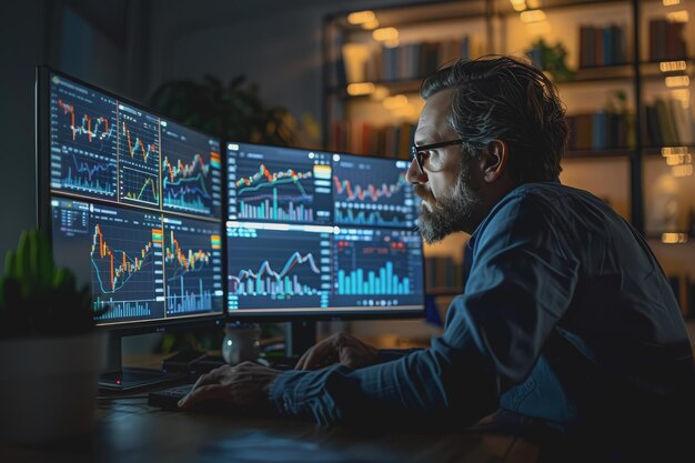 A financial analyst working on a computer with realtime stocks and exchange market charts