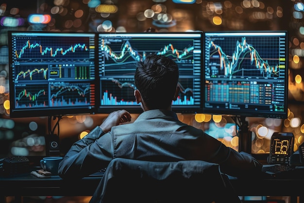 A financial analyst working on a computer with realtime stocks and exchange market charts