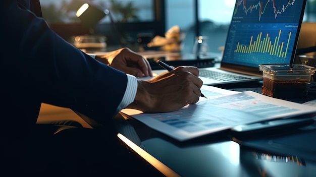 A financial analyst working with documents in the office